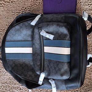 West Backpack In Signature Canvas With Varsity Stripe